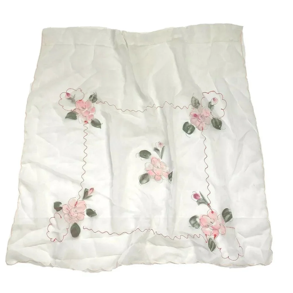 Vintage 1960s Sheer White Valances Curtains 4 Made Japan Hand Painted Pink Red